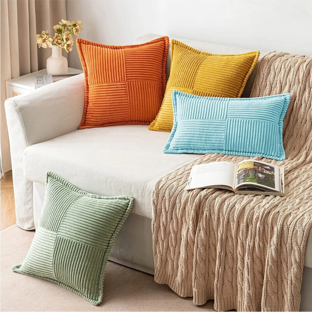 Blue Striped Texture Corduroy Decorative Farmhouse Luxury Soft Pillow Cover Set - Picture 4 of 6